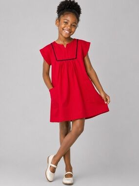 Jacadi Girls Red Parisian Dress Black Trim Pocket A-Line Holiday Classic 8Y